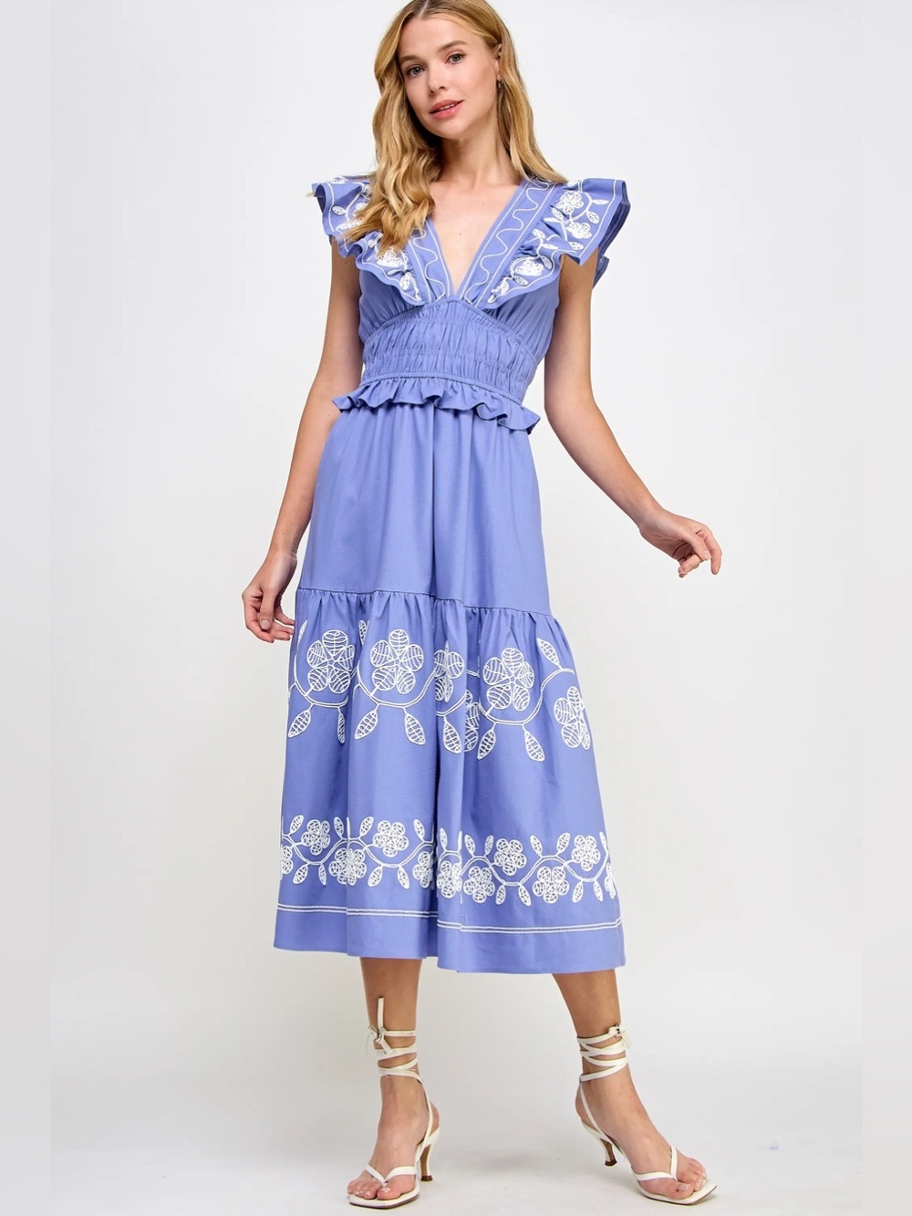 Strut & Bolt Blue Ruffle Midi Dress M feminine elegant party graduation garden